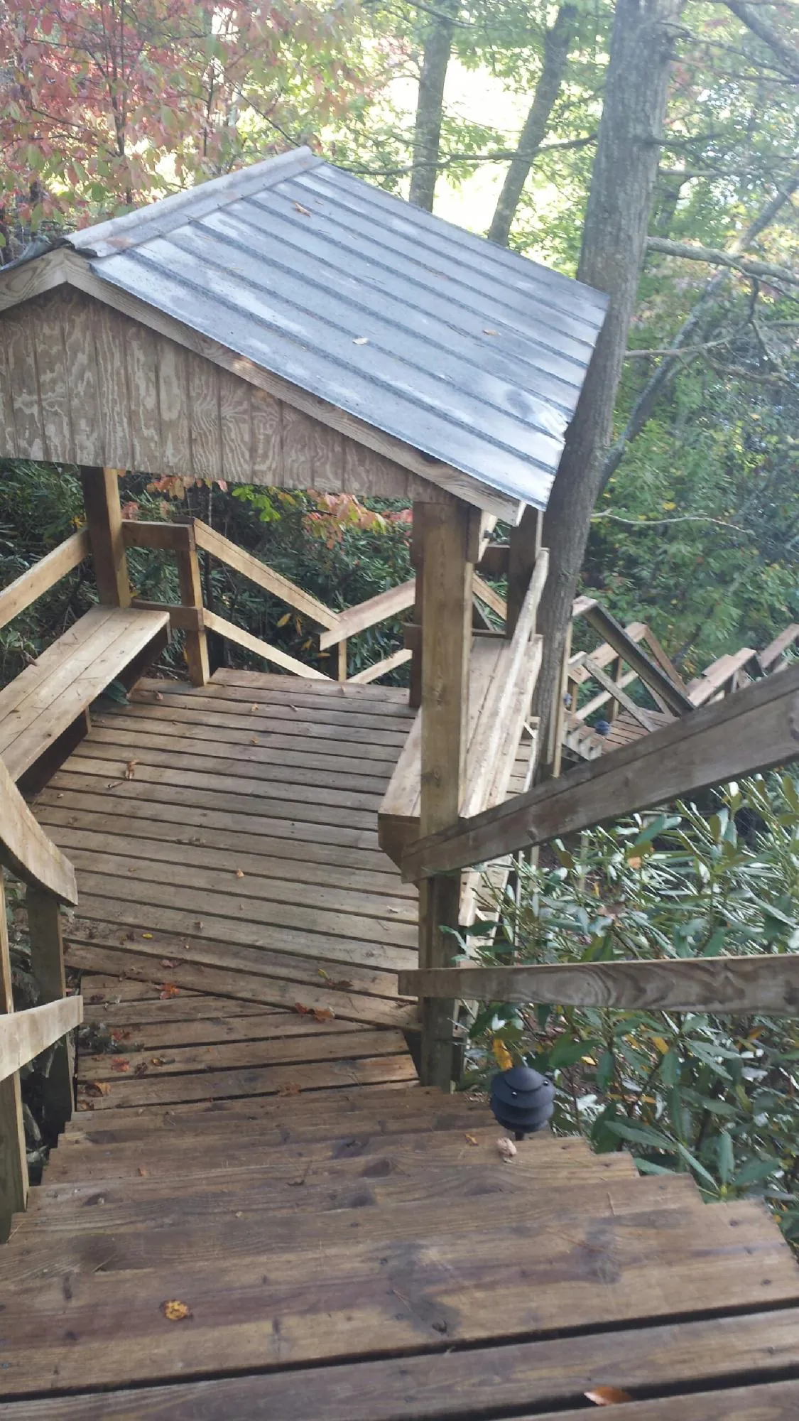 Metal roofed shelter over wooden steps on a wooded walkway — Skylight Repair & Installation work by our crew in Orangeburg